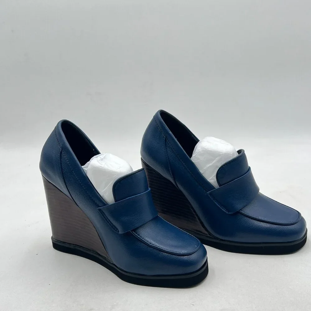 YDN Blue Dressy Pump Square Closed Toe Slip On Loafers Wedges High Heeled Shoes - Picture 4 of 8